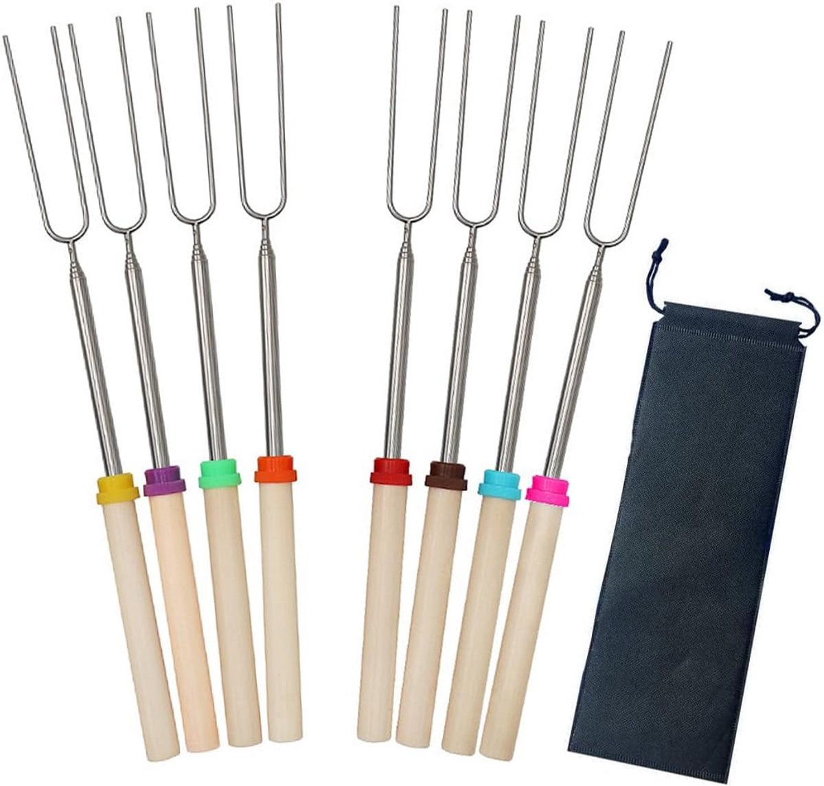 8 pieces telescopic stainless steel skewers for barbecue, ideal for campfire, camping and marshmallows with carry bag - ShopVlot