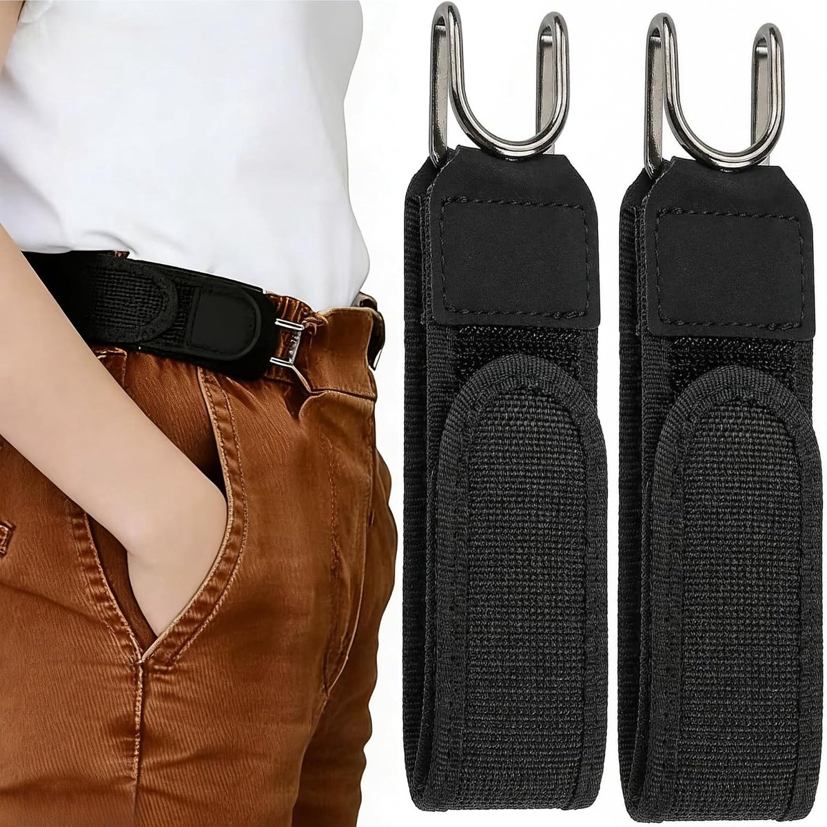 2 Pieces Metal Hook Elastic Belt, Adjustable Straps Without Buckle for Men and Women with Fastening, Tactical Belt and - ShopVlot