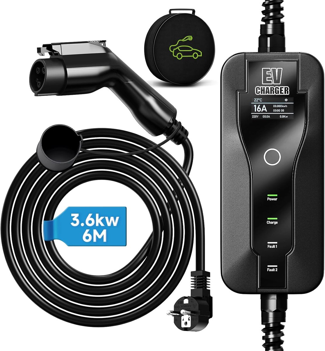 SnelShoppen - 6M EV Charger Type 1 3.6kW Elektrische Voertuig Lader met 8-16A Schakelbare Stroom, Digitale Display, Inclusief Opbergtas (SAE J1772)