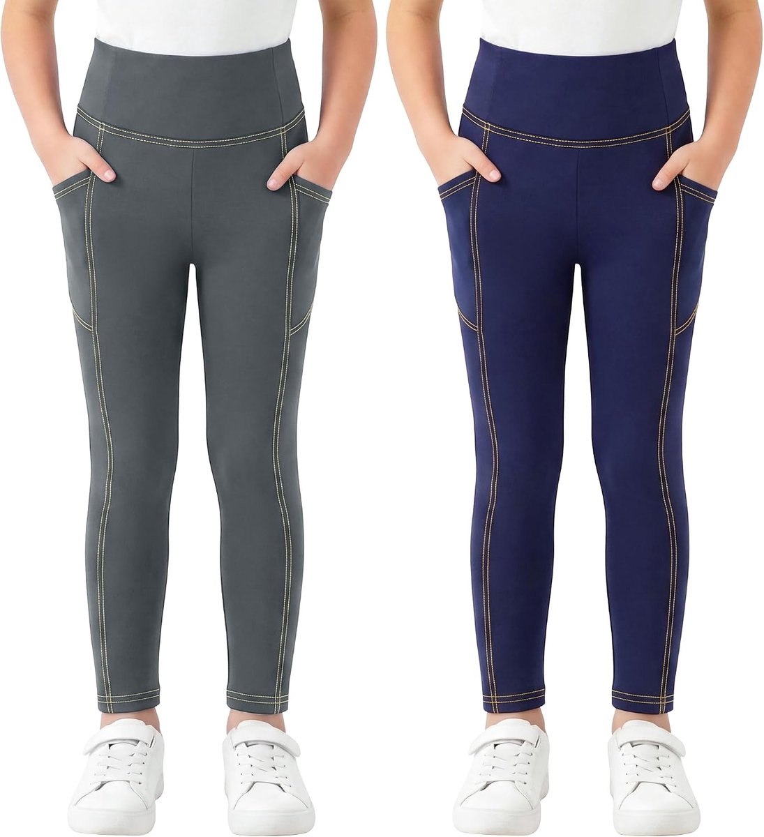 Leggings Voor Meisjes 2-Pack Jeanslook Stretchbroek Met Zakken Lange Denim-Effect Legging Elastisch Jeggings Hoge Taille Voor Dagelijks Gebruik School En Buiten Voor Kinderen Maten 116-164
