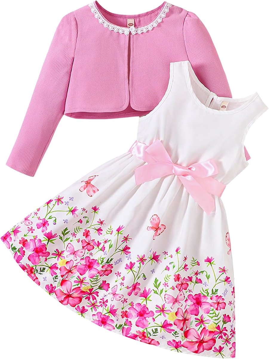Meisjes Jurk en Vest Sets 2-Delige Bloemenprint Mouwloze Jurk Kanten Rand Truien Lente Volledige Kleding voor 2-7 Jaar