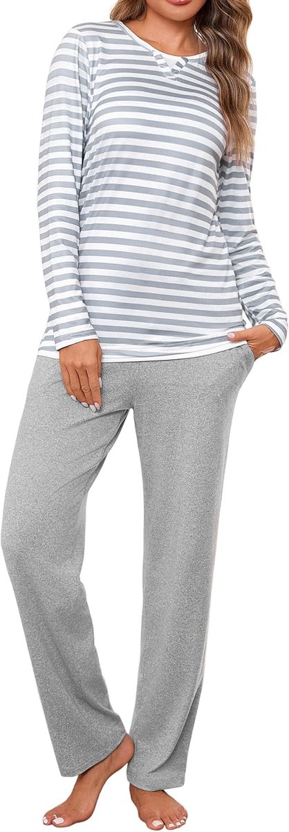 Winterpyjama van katoen, tweedelige pyjama voor dames, lange mouwen, gestreept T-shirt en lange broek met zakken, zacht en comfortabel
