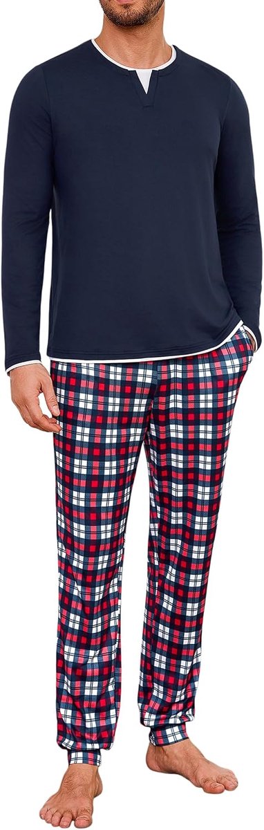 Pyjama voor heren, winter, katoen, ronde hals, pyjamaset, lange mouwen, effen top met overlappend kraagdesign en comfortabele broek