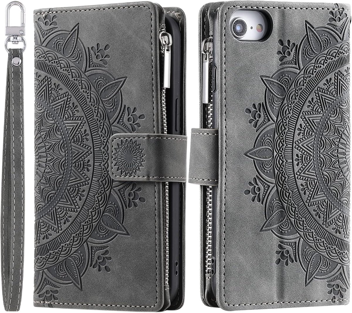 Hoes voor mobiele telefoon voor iPhone SE 2022/2020, iPhone 7/8, klaphoes met bloemenmotief, beschermhoes, klaphoes, met kaartenvak, telefoonhoesje, boekcover, flipcase, standaard, grijs