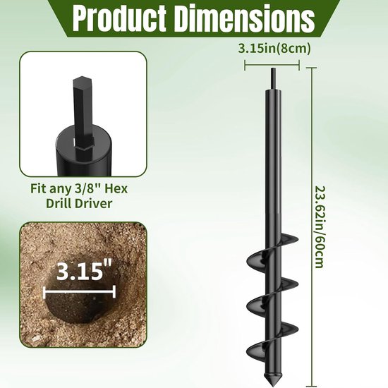 Grondboor voor accuschroevendraaier, 8 x 60 cm, grondboor voor boormachine, tuinplantenboor, robuuste spiraalboor, ideaal voor hekpalen, bloembollen, bomen, struiken, gaten graven — afbeelding 2