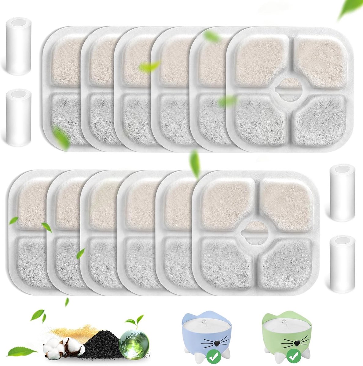 12 stuks kattenfonteinfilters voor 2,5 l drinkfontein voor katten vervangingsfilter, hars geactiveerde koolstof, drielaags filtersysteem voor 43717 filter kattenfontein voor katten