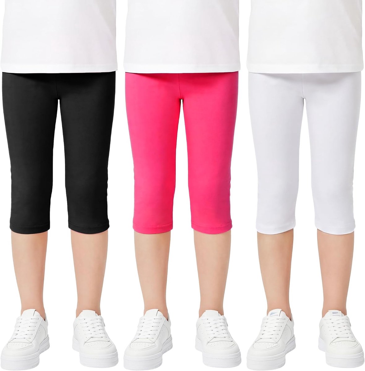 Meisjeslegging 3/4 katoenen capribroek, 3-pack, kinderen Ademende zachte capribroeken Comfortabele zomer Eenkleurige sportleggings Actieve kleding, maat 116-158, 6-13 jaar