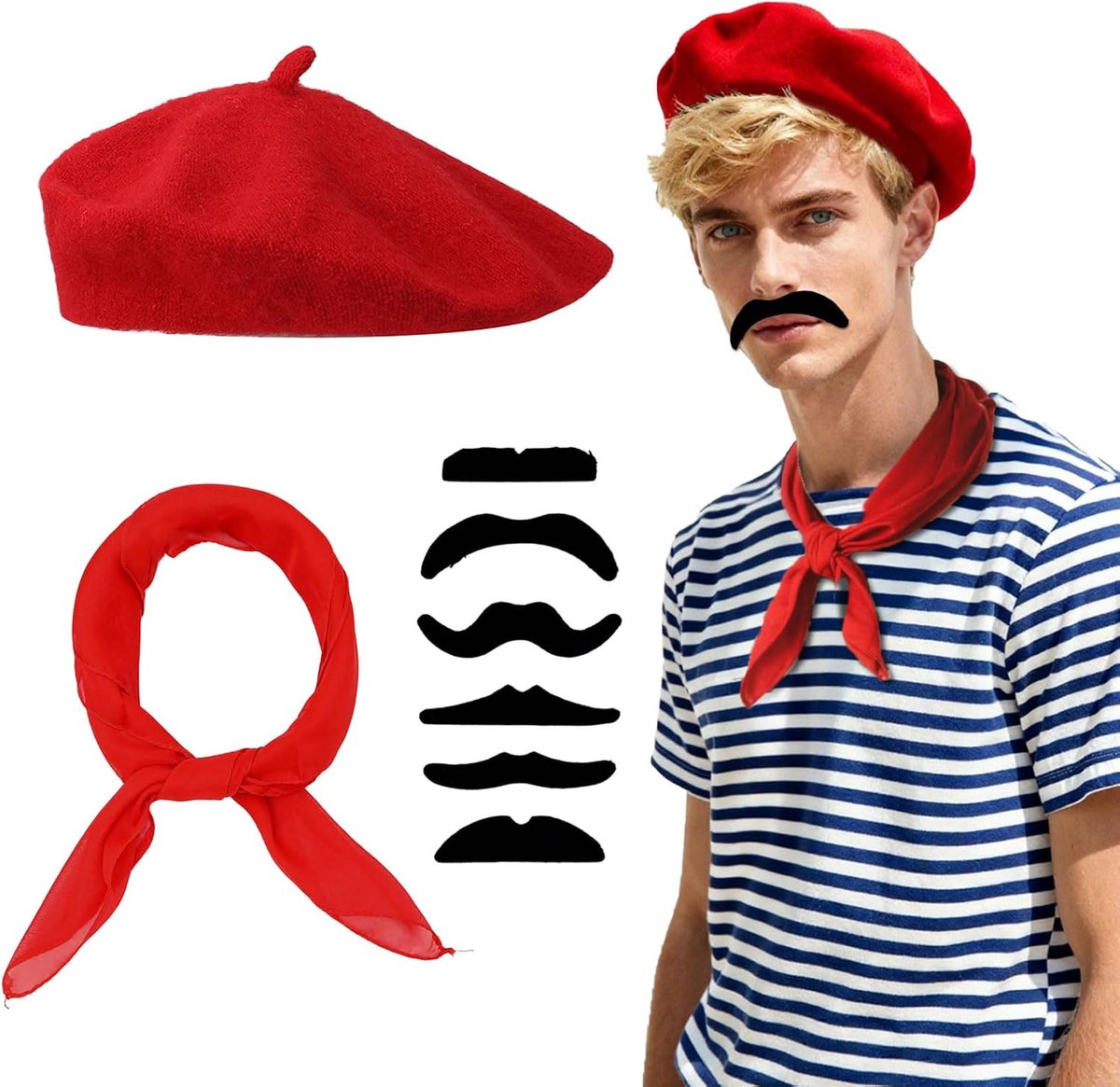 8 stuks Franse heren set Franse volwassenen unisex met baret snor sjaal, artiest mime-kit voor cosplay