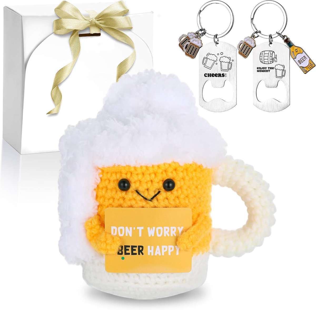 Bier geschenken voor mannen, handgemaakte gehaakte bierpul pluche dier met 2 flesopeners sleutelhangers, gebreide pop bier anti-stress geschenken, positieve aardappel cadeau voor vrienden