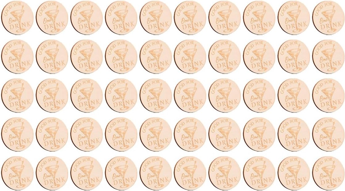 50 stuks gegraveerde houten drankmunt, ronde martini-glazen drankticketchips voor bruiloft, verjaardag, bar, retro feestdecoratie, 4 × 4 × 0,2 cm