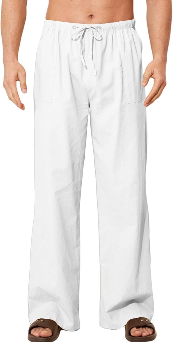 Linnen broek voor heren voor de zomer, lang, linnen, katoen, losse strandbroek, casual, met elastische tailleband, trekkoord en zakken