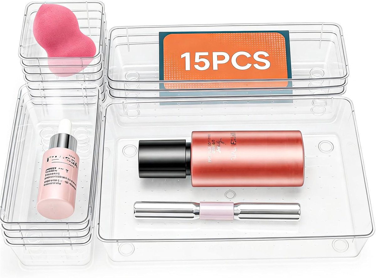 15 stuks lade-organizers, lade-inzetstukken, lade-organizer met 4 maten, make-uptafel, organizer, kunststof opbergsysteem, lade-organizers voor keuken, slaapkamer, kantoor, make-up