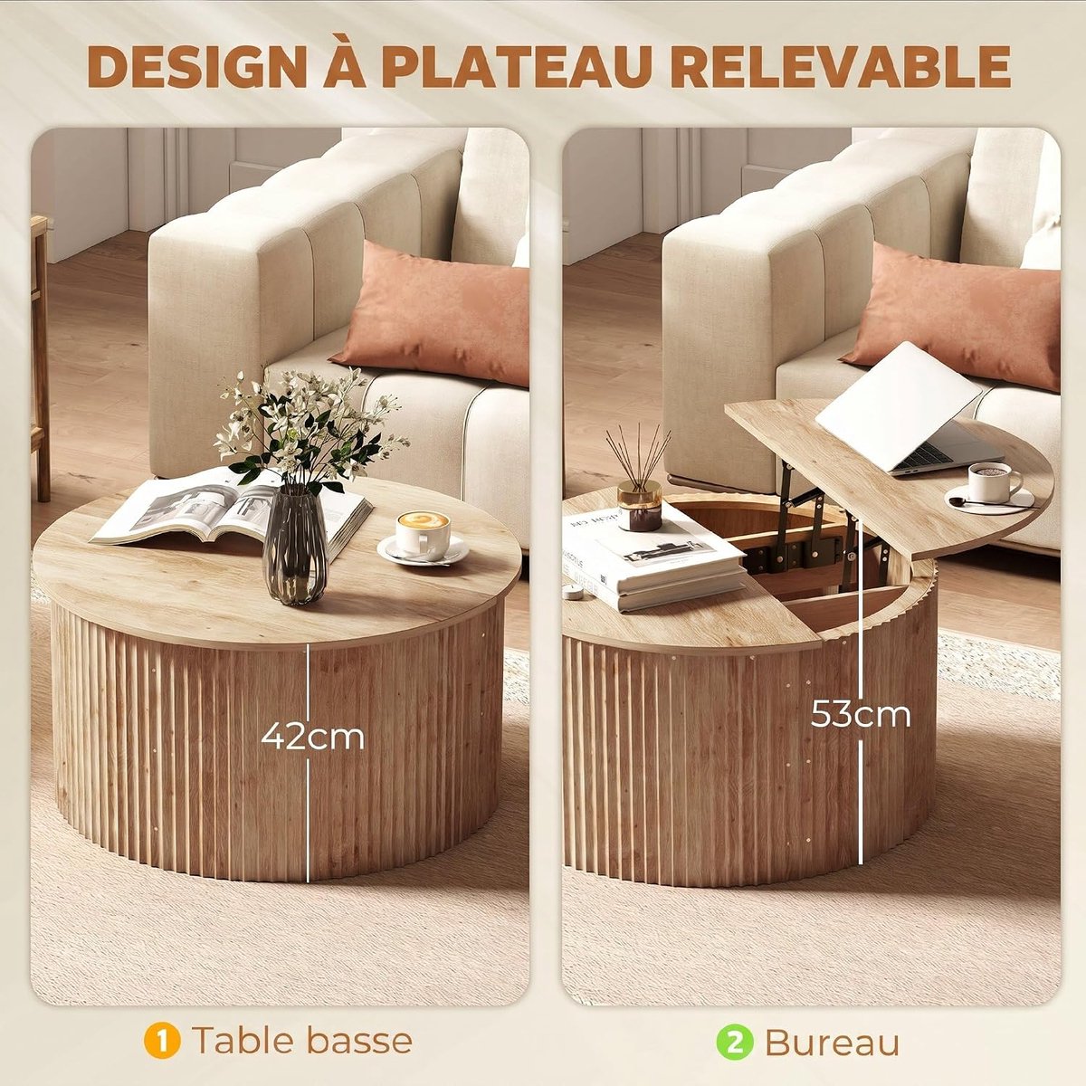 Salontafel 80x80x42 cm, ronde vorm, opklapbaar tafelblad, verborgen opbergruimte, natuurhout look - Industrohome