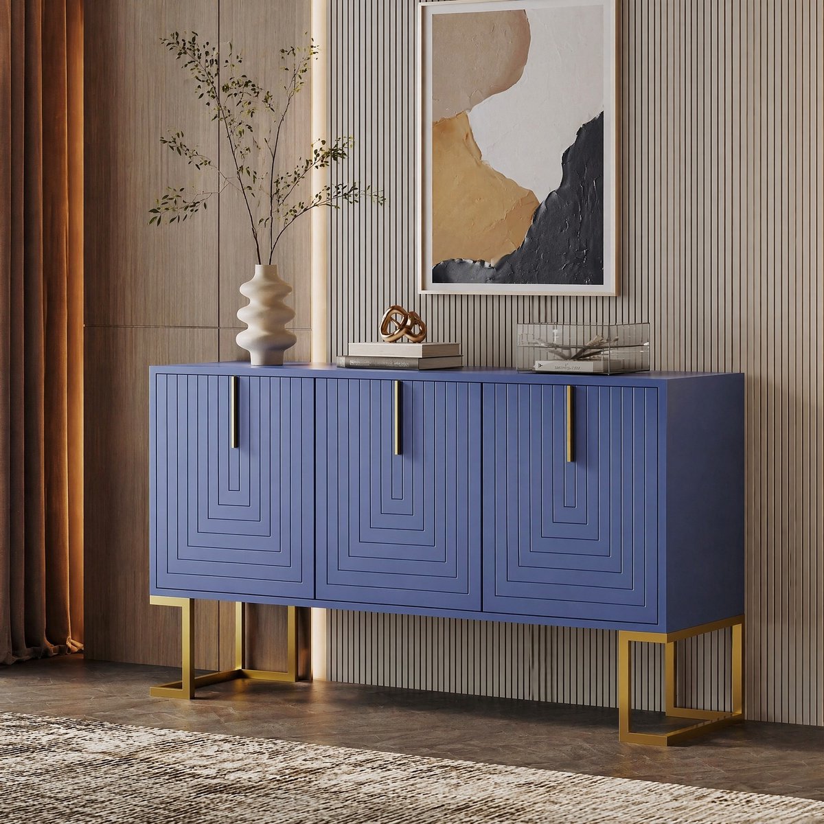 WUVRIE Dressoir 138x40x80,5 cm - 3 deuren en verstelbare planken - Navyblauw Marineblauw