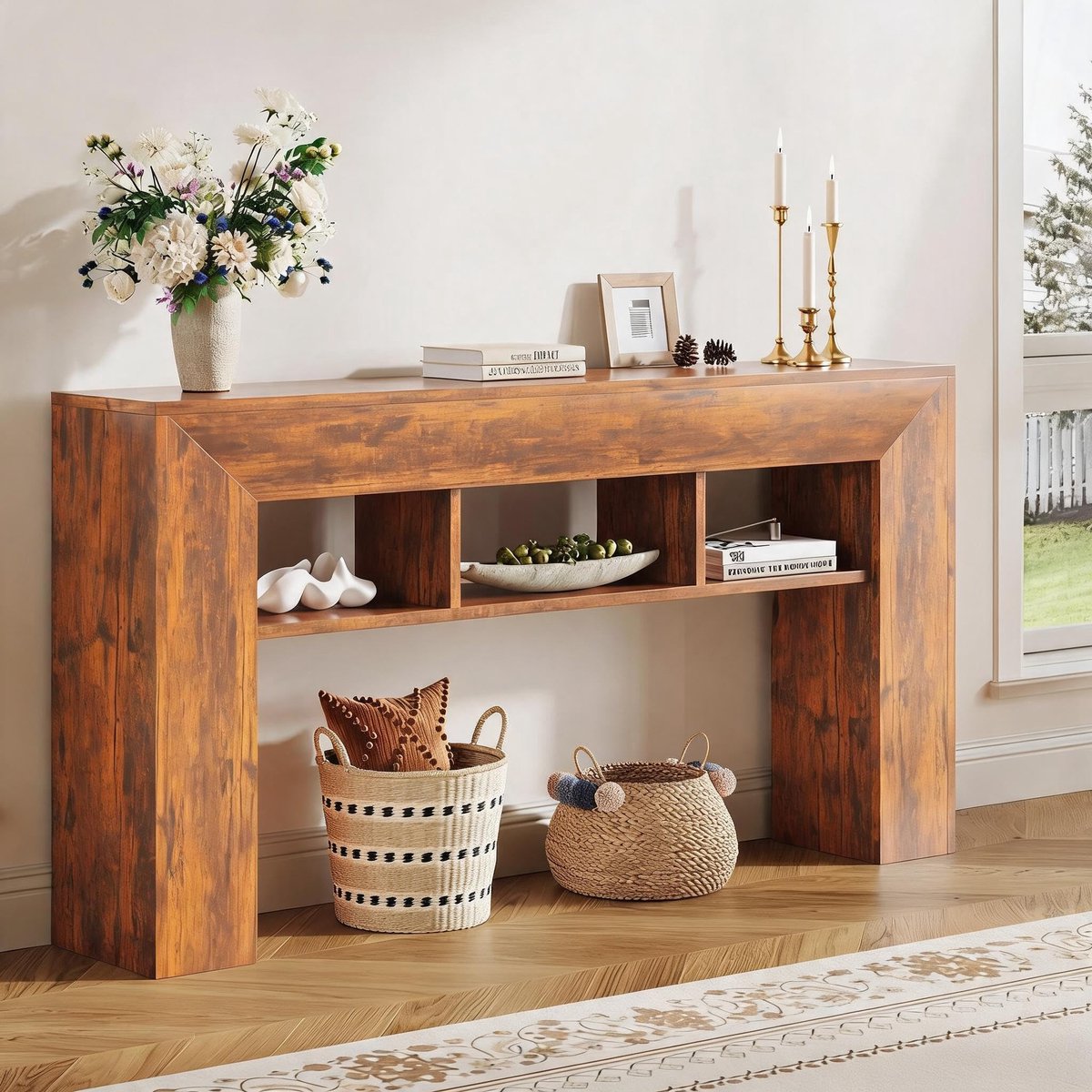 Danky Consoletafel - 3 Open Planken en Veel Opbergruimte - Smalle Sidetable voor Hal en Bank bruin