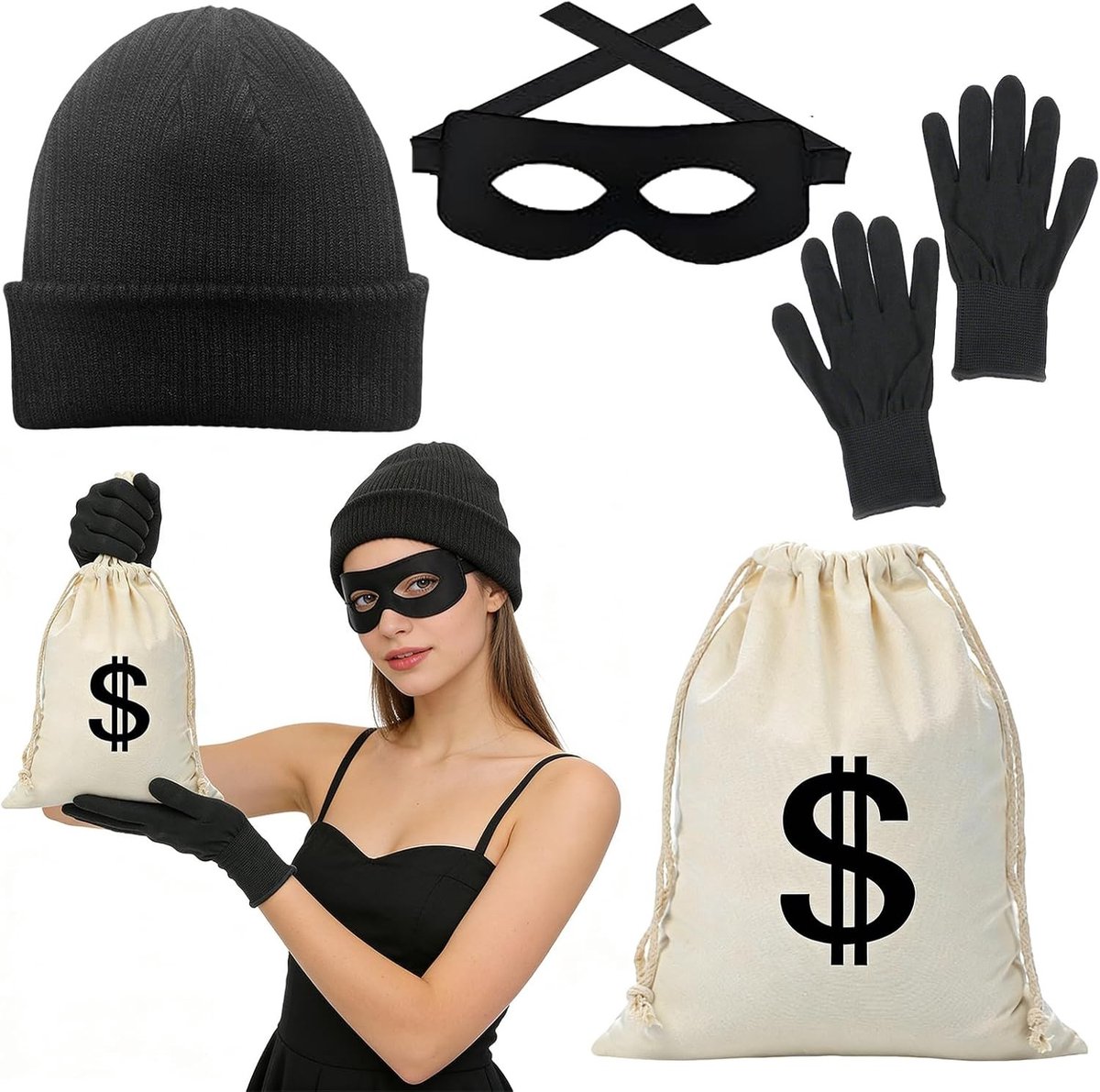 Compleet Bankoverval Kostuum met Gebreide Muts, Masker, Handschoenen en Tas voor Carnaval en Cosplay Feestjes