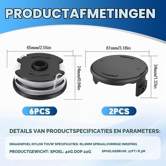 Pack van 6 Vervangende Trimmerdraad Spoelen voor Diverse Tuingereedschappen, Ø 1.6 mm 8.3 m, Inclusief 2 Caps, Ideaal voor Tuinonderhoud en Grastrimmen — afbeelding 5