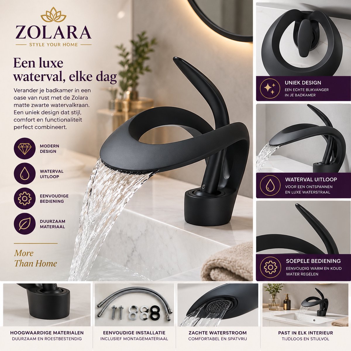 Zolara Moderne Watervalkraan - Wastafelkraan - Mat Zwart - Mengkraan - Warm & Koud Water - Waterval