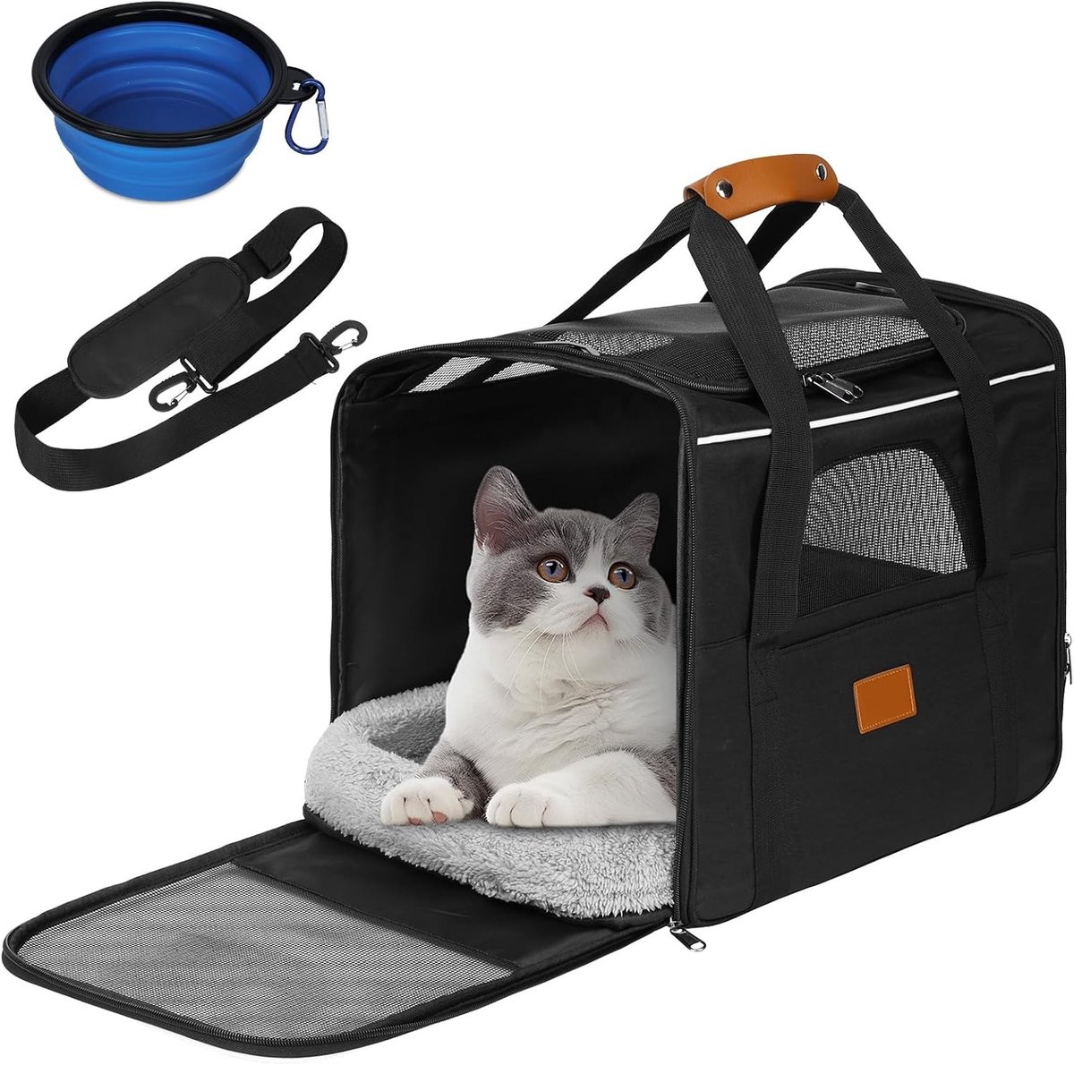 Draagbare katten- en hondentransporttas met verstelbare schouderband, ademend ontwerp en zachte kussen, geschikt voor grote katten en puppy's tot 7 kg, zwart