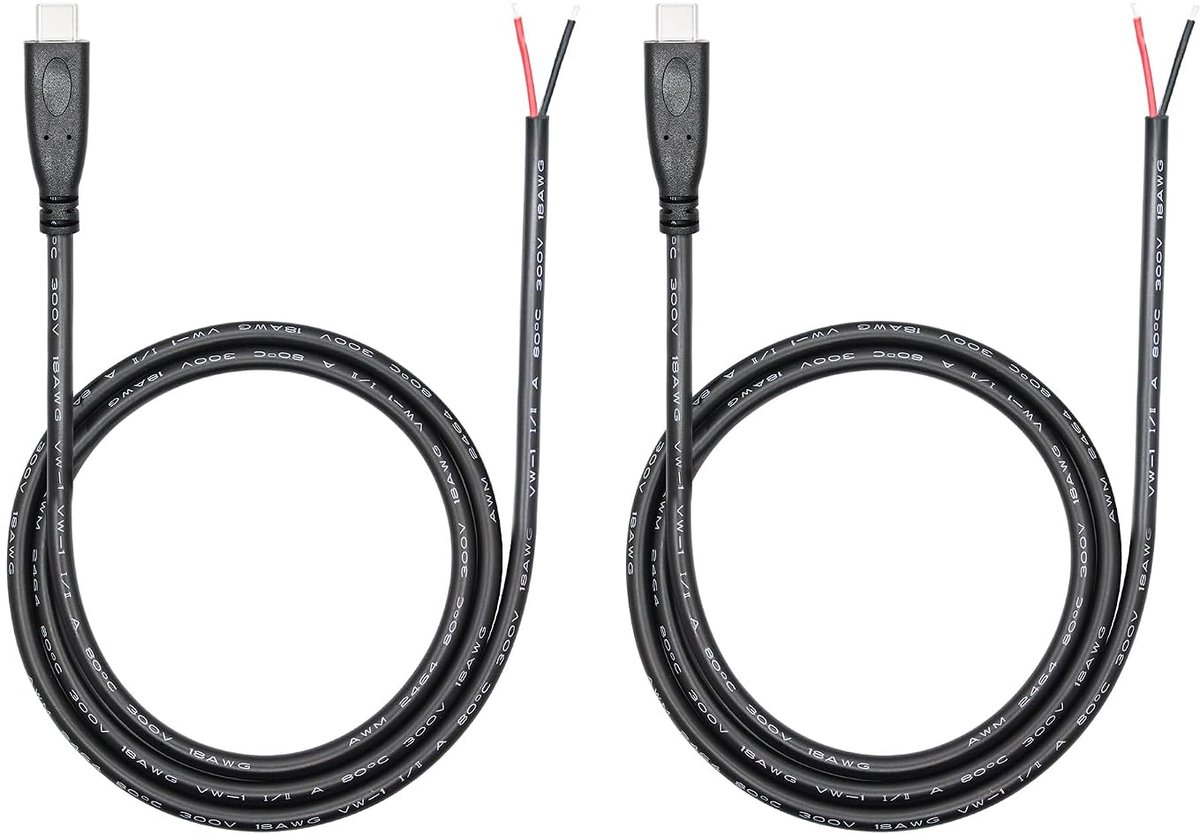 USB C naar 2-polige open kabel, 1 m (3 voet), USB type C-stekker naar 2-polig kabeluiteinde, 18 AWG, 6 A, voor - ShopVlot