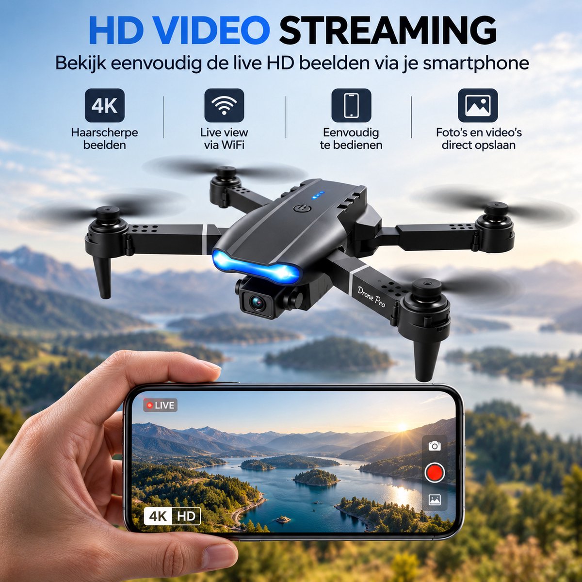 Drone met Camera 4K – Mini Drone met Camera – Opvouwbare Drone – Live View – Obstakelontwijking – Hover & Headless Mode – 360° Flips – Inclusief Opbergtas – CB-Goods thumbnail 2