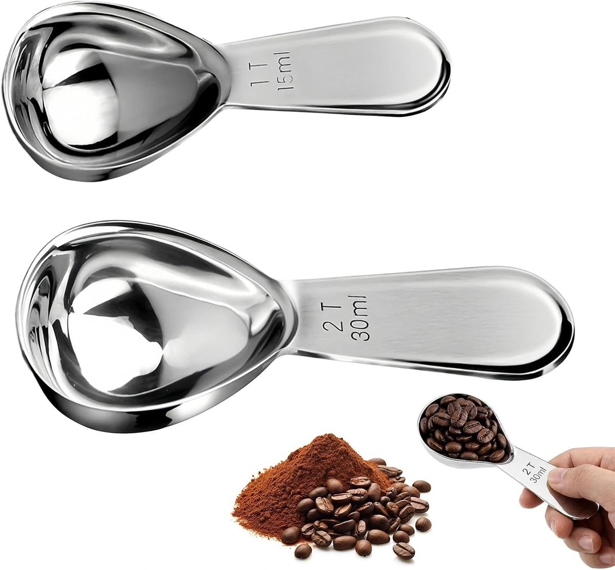 Koffielepels set van 2 stuks, doseerlepel 15 ml en 30 ml, roestvrij staal, duurzaam en veelzijdig