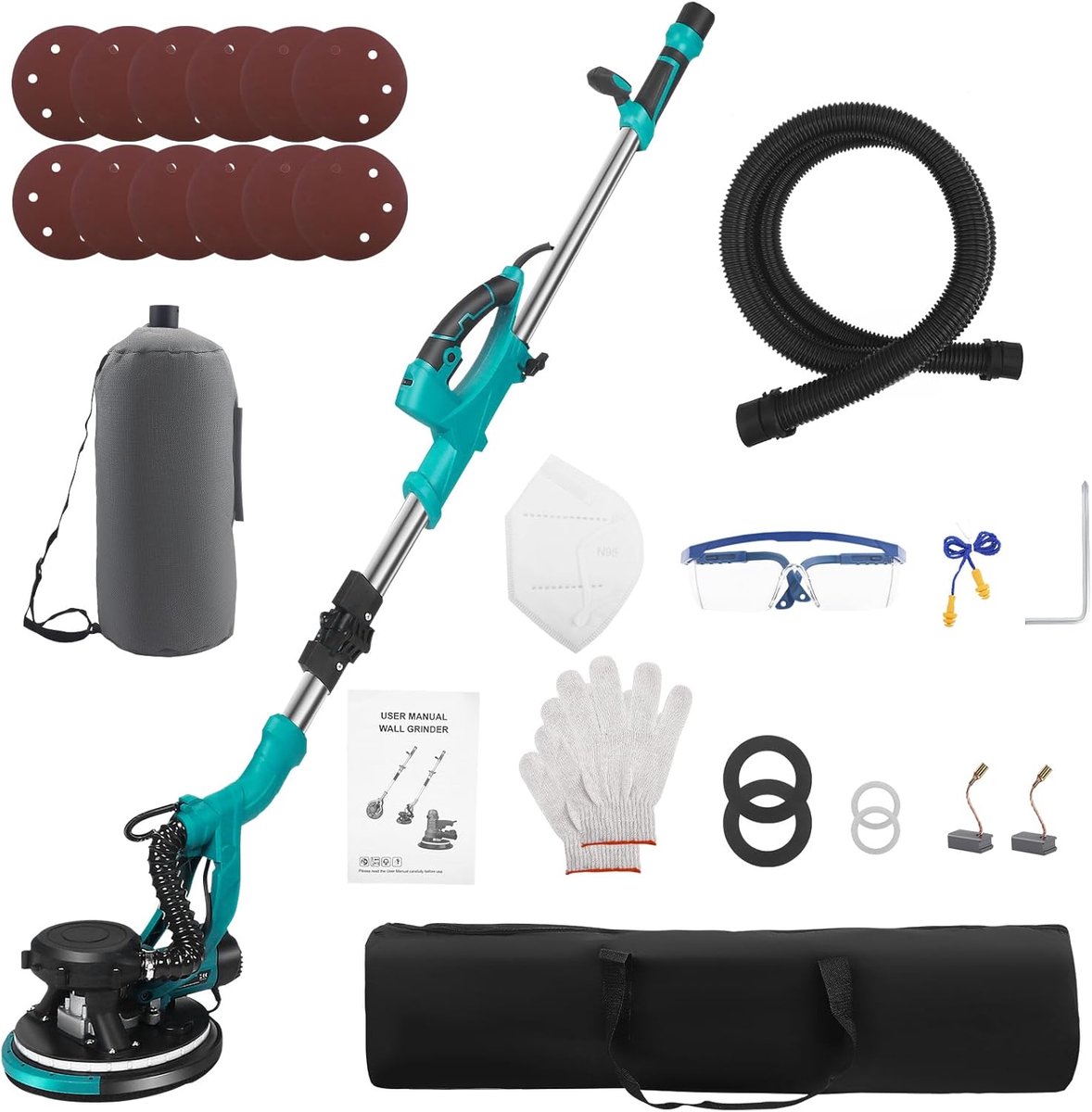 Wall sander 850 W with telescopic giraffe, 5 adjustable speeds (800-2100 rpm), grinding head Ø 215 mm, 90° tilting and - ShopVlot