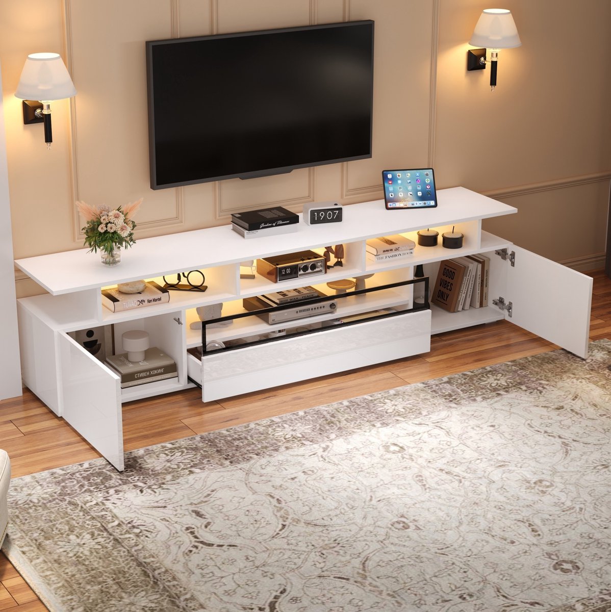 WUVRIE Tv-meubel 180x38x45 cm - 2 kasten, 1 lade en LED-verlichting - Wit
