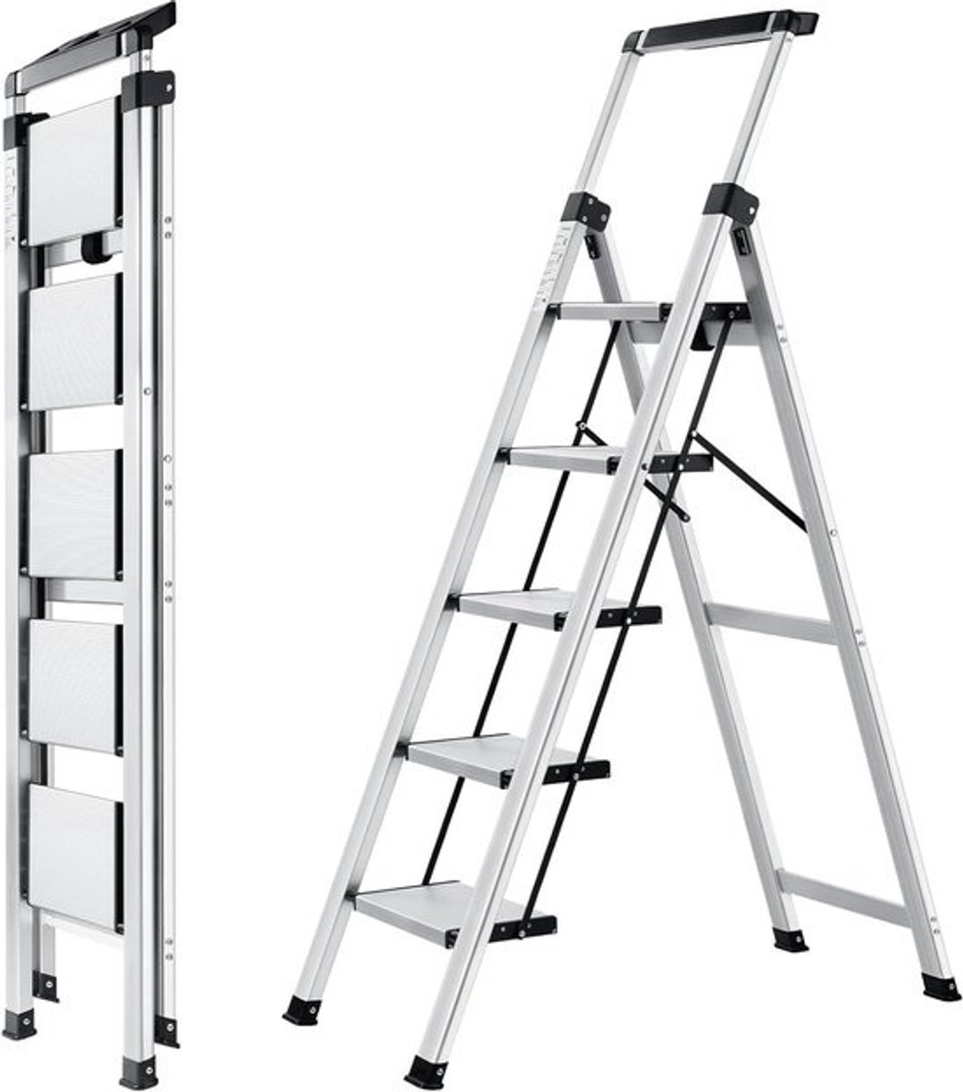 Ladder met 5 treden - Trapladder - vouwladder - Klusklare oplossingen - met gereedschapsbak - belastbaar tot 150 kg - aluminium