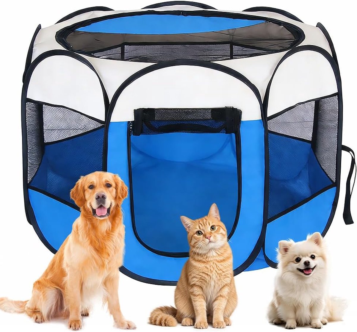 Hondenkooi voor woning, XXL dierenren, puppyuitloop, buitenverblijf, kattenverblijf voor kleine dieren zoals honden en katten, beige + blauw