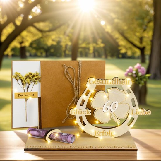 60e verjaardag vrouw man, 60 geldgeschenken verjaardag voor vrouw man, led klaverblad geluk 60e verjaardag geschenken, cadeaus voor 60e verjaardag, decoratie houten gastenboek (40) — afbeelding 2