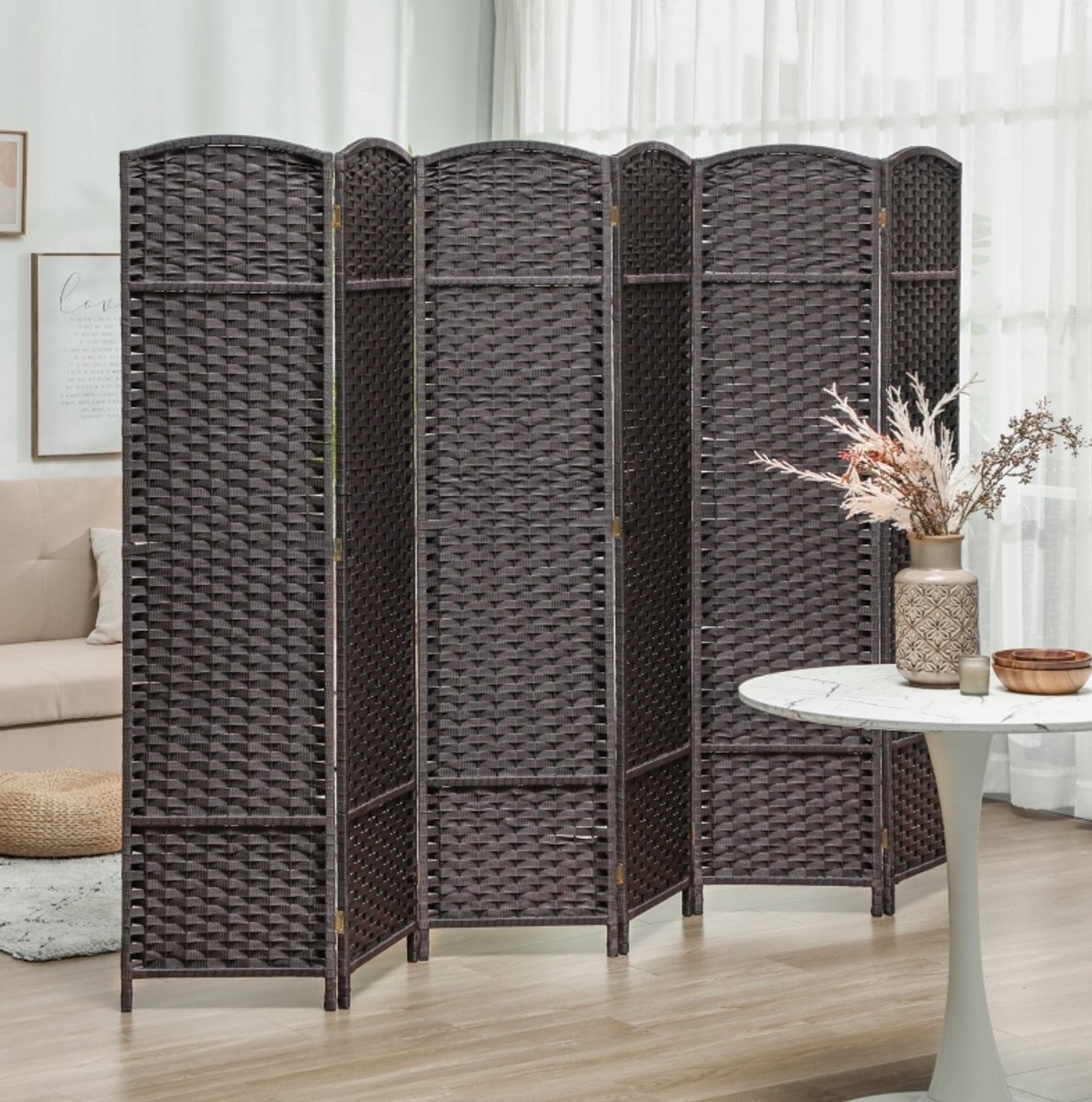 MIVRAY Kamerscherm – 6-Delig Opvouwbaar – 240 x 170 cm – Hout en Kunststof – Bruin – Afscherming Voor Woonkamer en Thuiskantoor