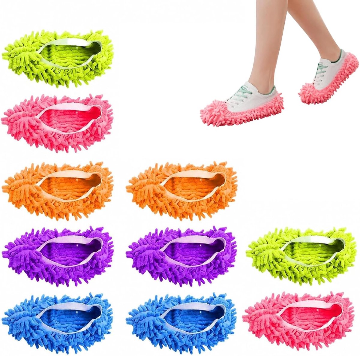 5 paar schoonmaak slippers microvezel chenille – stof- en vuilopvangende dweilsloffen voor vloerreiniging – universele maat 24x9 cm – herbruikbare huishoudelijke schoonmaakschoenen in 5 kleu