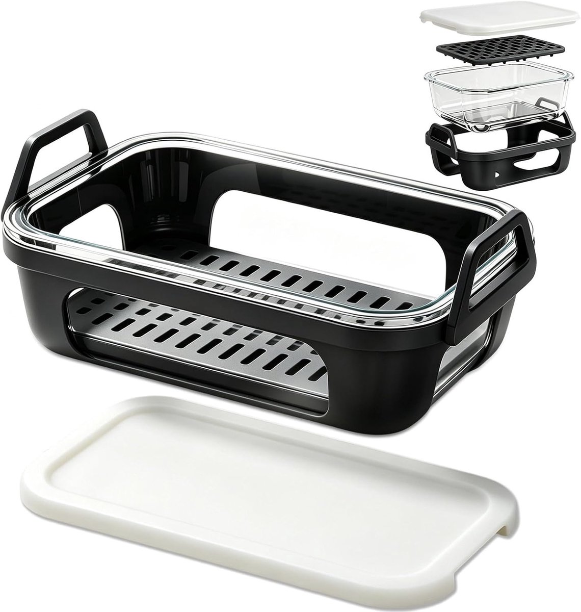 Ovenschaal voor Airfryer, voor Ninja/Cosori heteluchtfriteuse, accessoires met siliconen binnenkants, ovenschaal glas met afneembare siliconen handgrepen en deksel voor airfryer, hittebestendig