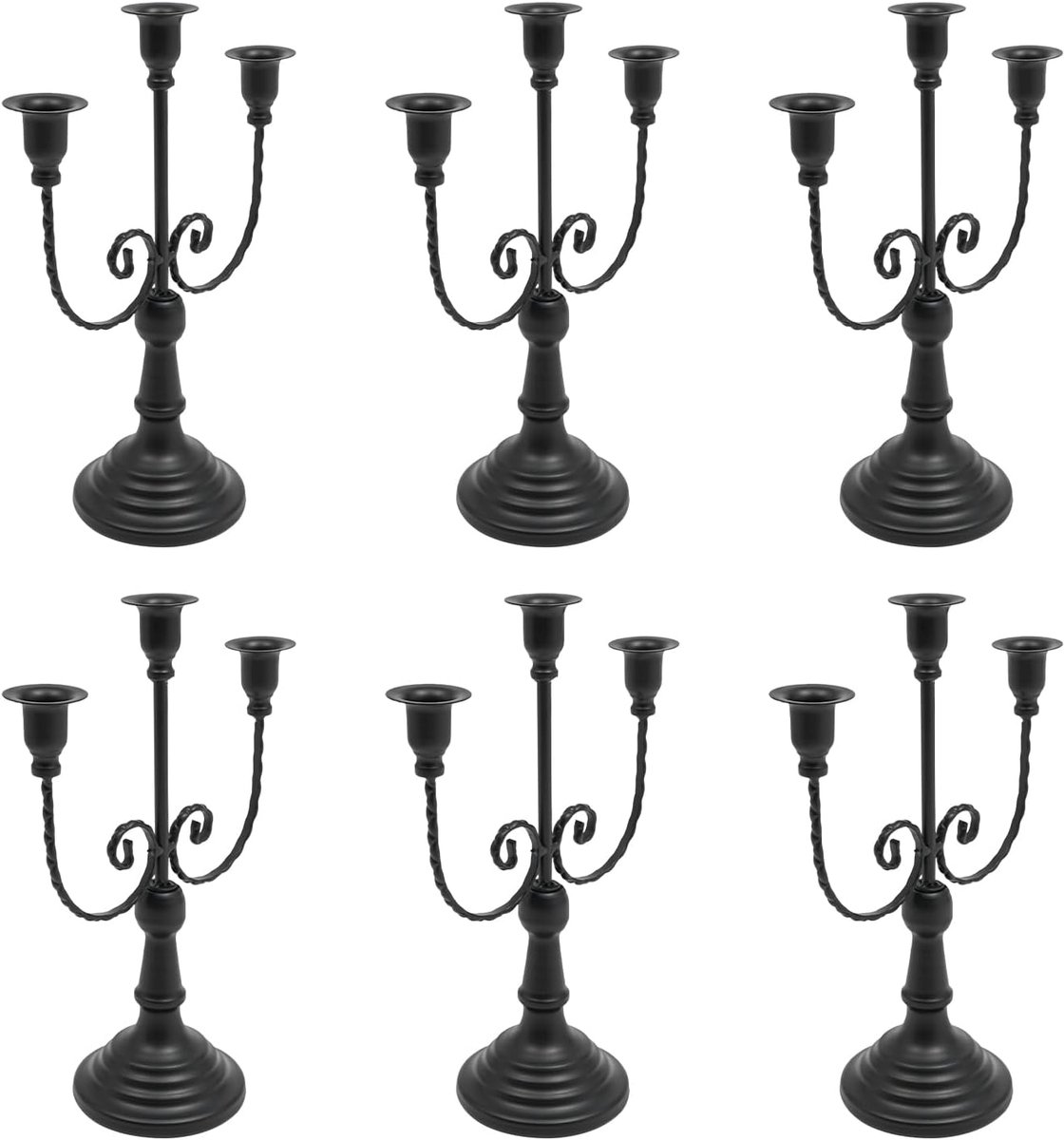 6 stuks kandelaars 3-armig metalen ijzeren kandelaars voor staafkaarsen, kandelaar voor kegelkaarsen, feest, bruiloft, tafel, middenstukken, decoratie (zwart)