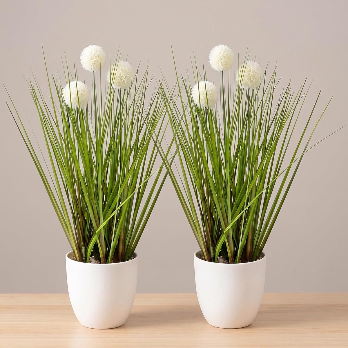 Set van 2 knoppengras in witte kunststof pot (45 cm): hoogwaardige kunstwitte bolgrasset, net als echt, weerbestendig - ShopVlot