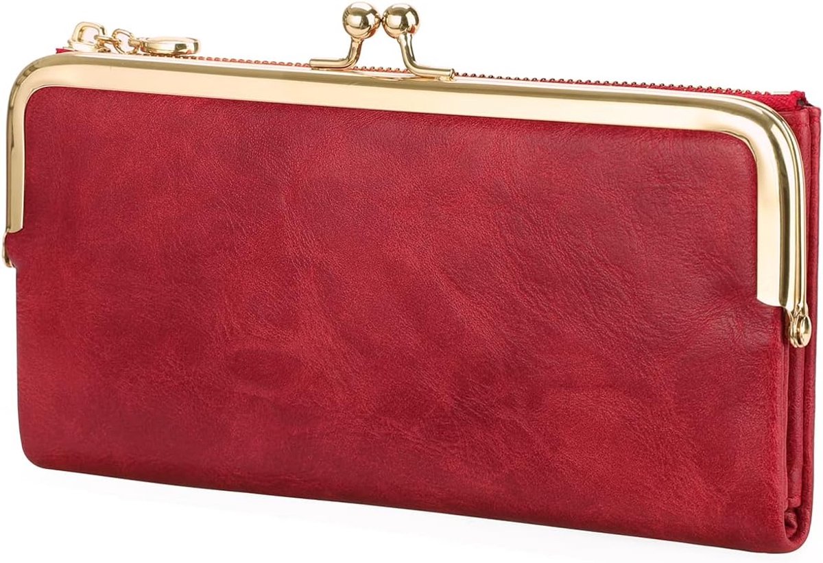 GOIACII Ladies Wallet Vintage Billfold Compact Wallet for Women Slim Card Holder Purses with Kiss Lock, A04-red - ShopVlot