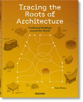 Geel boek van Taschen getiteld 'Tracing the Roots of Architecture' met lijntekeningen van wereldwijde traditionele huizen.