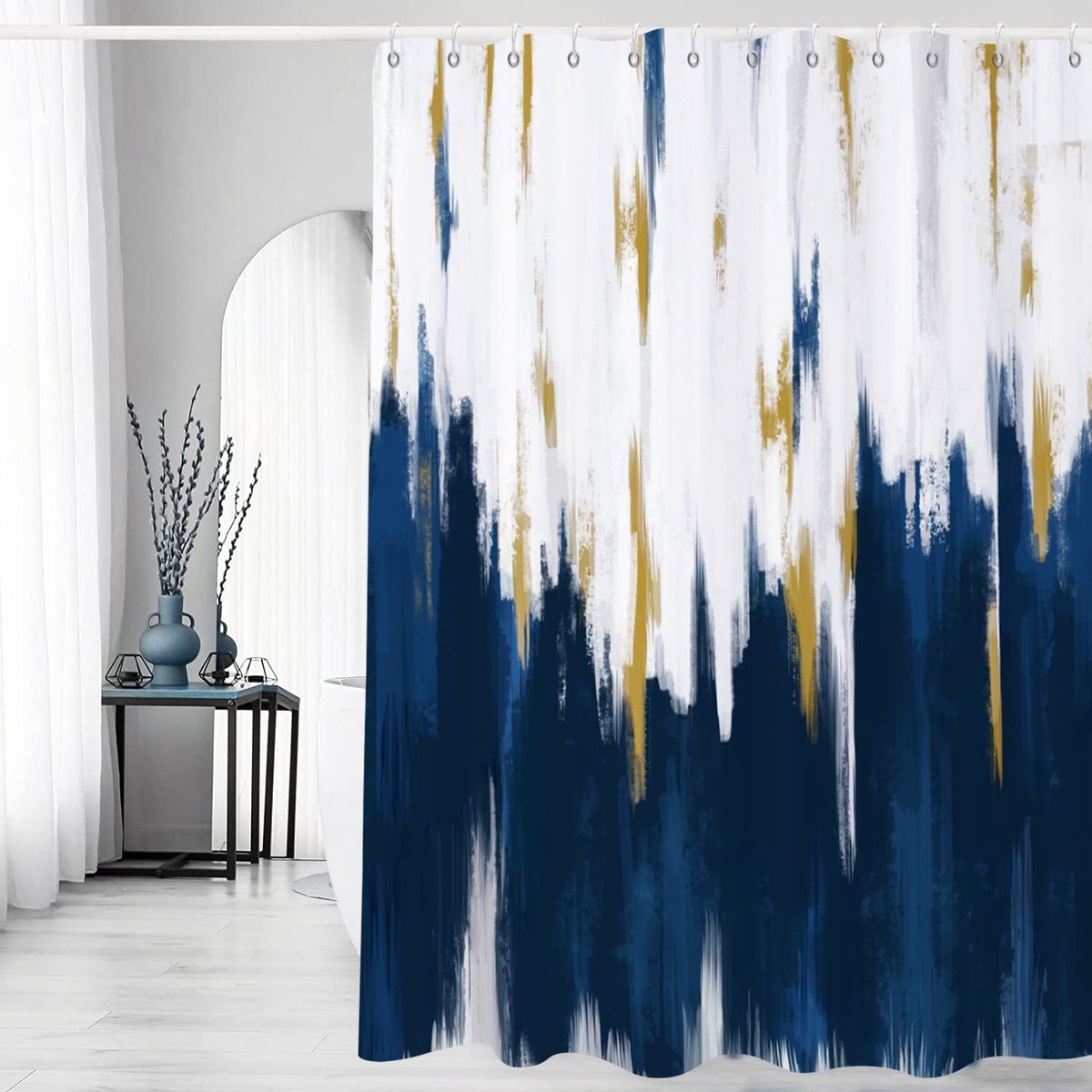 Shower Curtain, 180 x 200 cm, Dark Blue, White, Gold, Modern Abstract Brush Strokes, Graffiti Oil Painting, Waterproof - ShopVlot