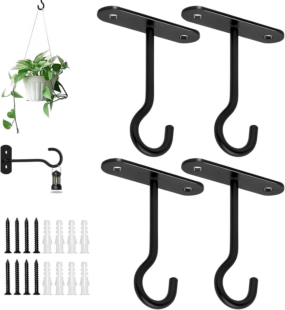 4 Pcs Plant Hanger Hooks, 10cm Heavy Duty Wall Mounting Brackets, Black Metal Ceiling Hooks for Hanging Baskets - ShopVlot