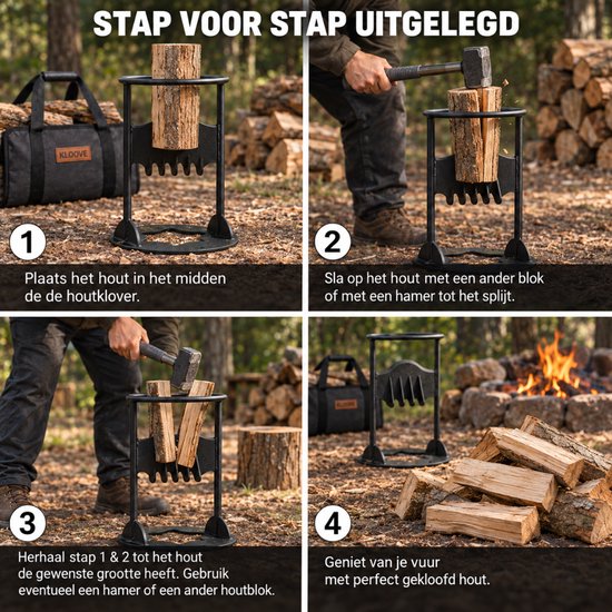Vier stappen voor het gebruiken van de houtsplijter: 1. Hout plaatsen. 2. Slaan. 3. Herhalen. 4. Resultaat. Met houtsplijter, hamer en houttas.