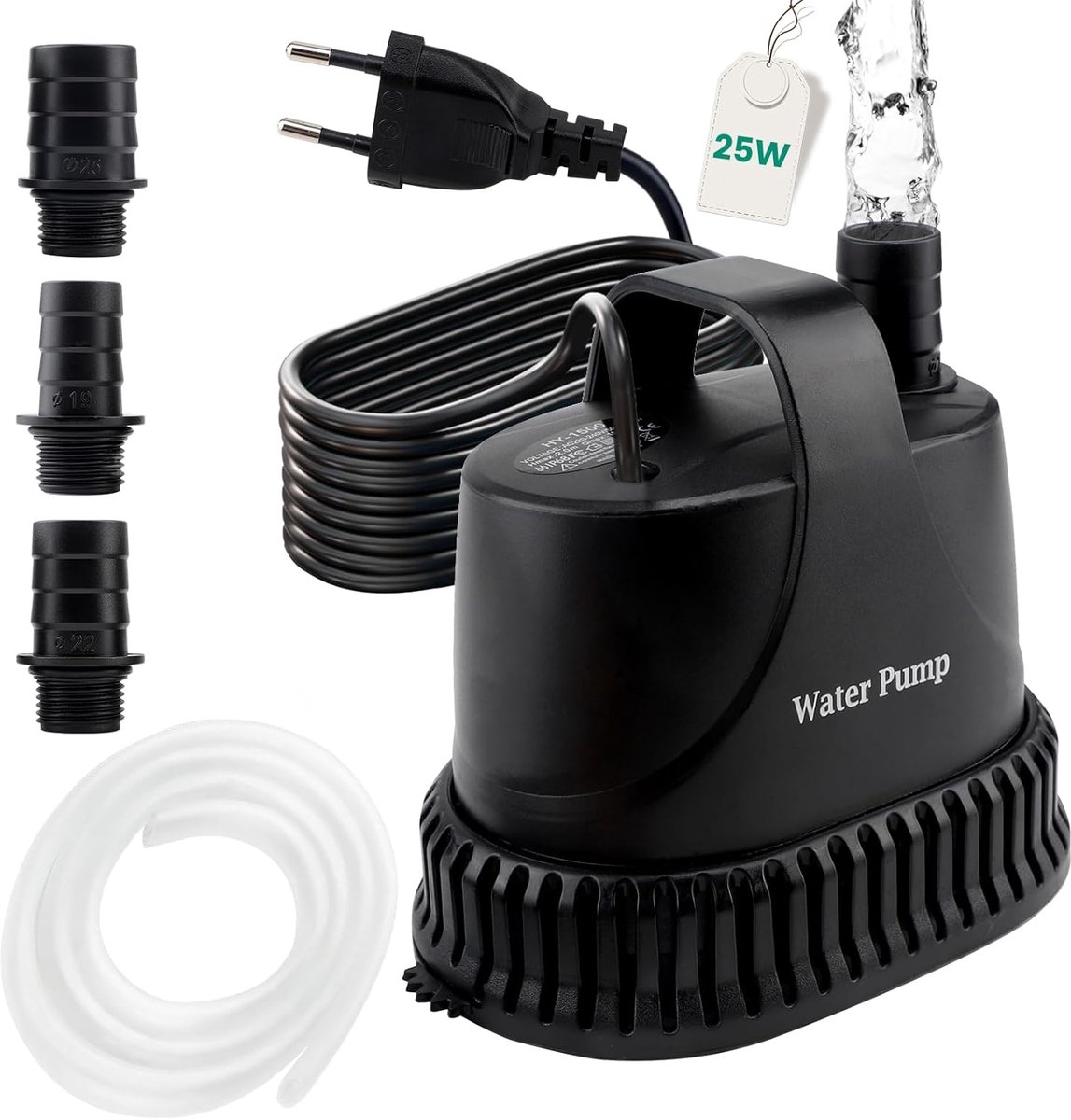 SnelShoppen - Mini Waterpomp 1500 l/h, 25 W, Onderwaterpomp voor Aquarium, Tuinirrigatie, Met 2 m Kabel en 2 Spuitmonden voor Fontein en Vijver