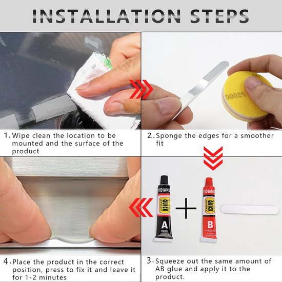 Stappenplan voor installatie: reinigen, schuren, lijmen en aandrukken van de deurstopschijf.