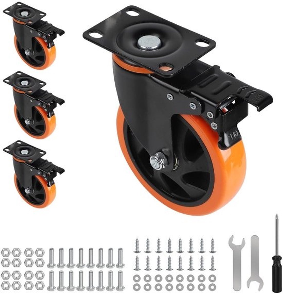 Zware 125 mm zwenkwielen met rem - 720 kg draagvermogen - roestvrijstalen transportwielen voor meubels - set van 4