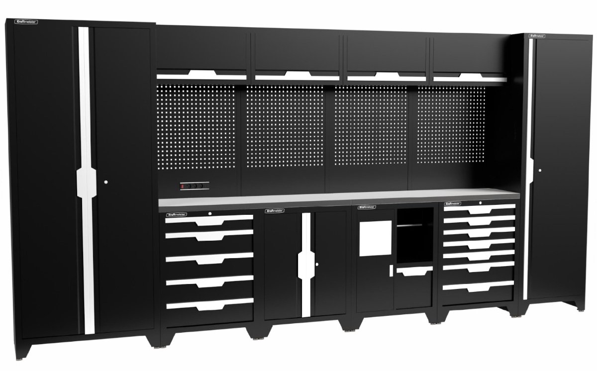 Kraftmeister werkplaatsinrichting - Werkbank met 4 wandkasten, 2 werkplaatskasten, 1 opbergkast, 1 prullenbak en RVS werkblad - Werktafel met 12 laden en gereedschapswand - Complete set voor werkplaats of garage - Zwart