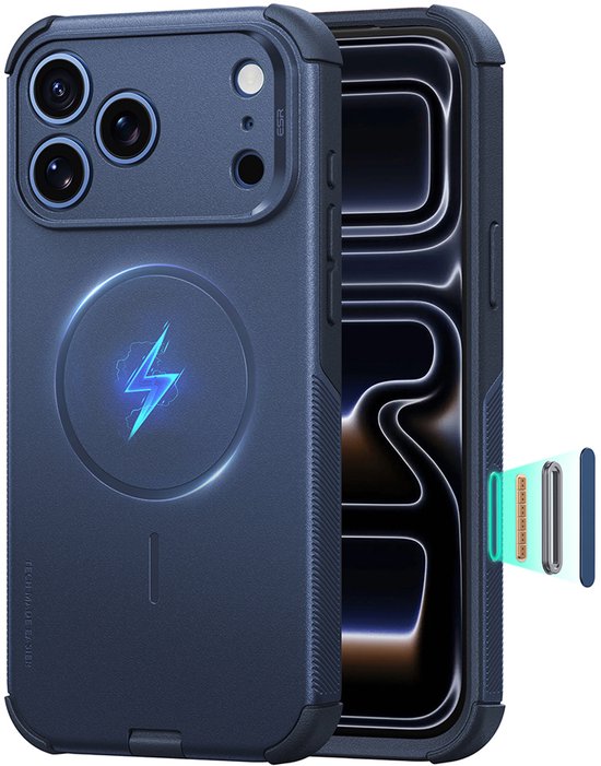 Coque bleu marine ESR Cyber HaloLock avec anneau de charge magnétique, icône éclair et texte Tech Made Easier.