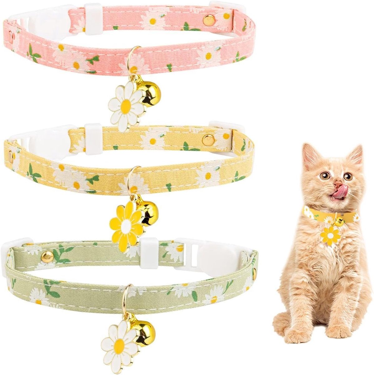 SnelShoppen - 3-delige kattenhalsband madeliefje met bel, snelsluiting, polyester, schattige kleuren roze, geel, groen, voor huisdieren, 18-30 cm