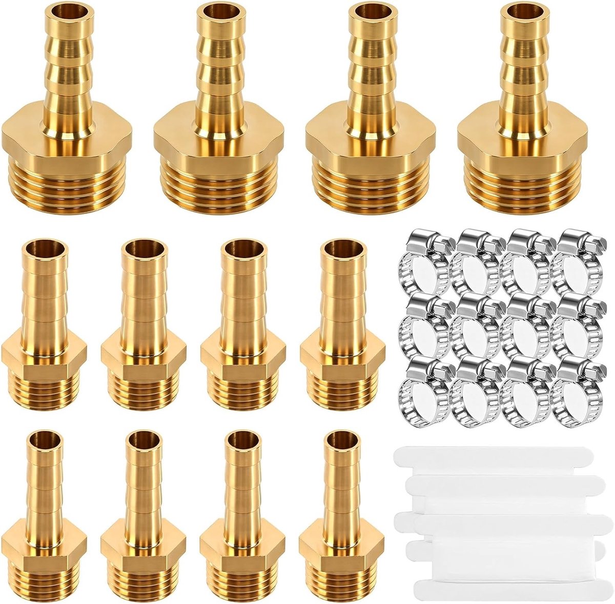 Hoge Kwaliteit 12 Stuks Messing Slanguitgangen en Slangverbindingen 1/2 Inch en 1/4 Inch met Slangklemmen en Draadafdichtingen voor Lucht, Water en Brandstof