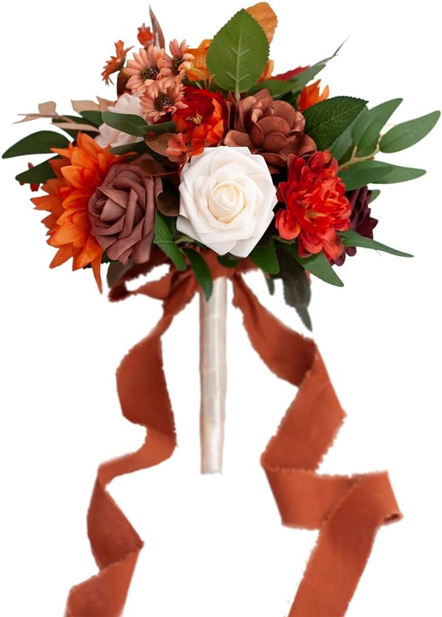 Herfst verbrande oranje bruidsboeketten voor bruid bruidsmeisjes kunstmatige roos bloem trapsgewijze bruidsboeket voor huwelijksceremonie jubileum, bruidsdouche en Franse rustieke vintage boho