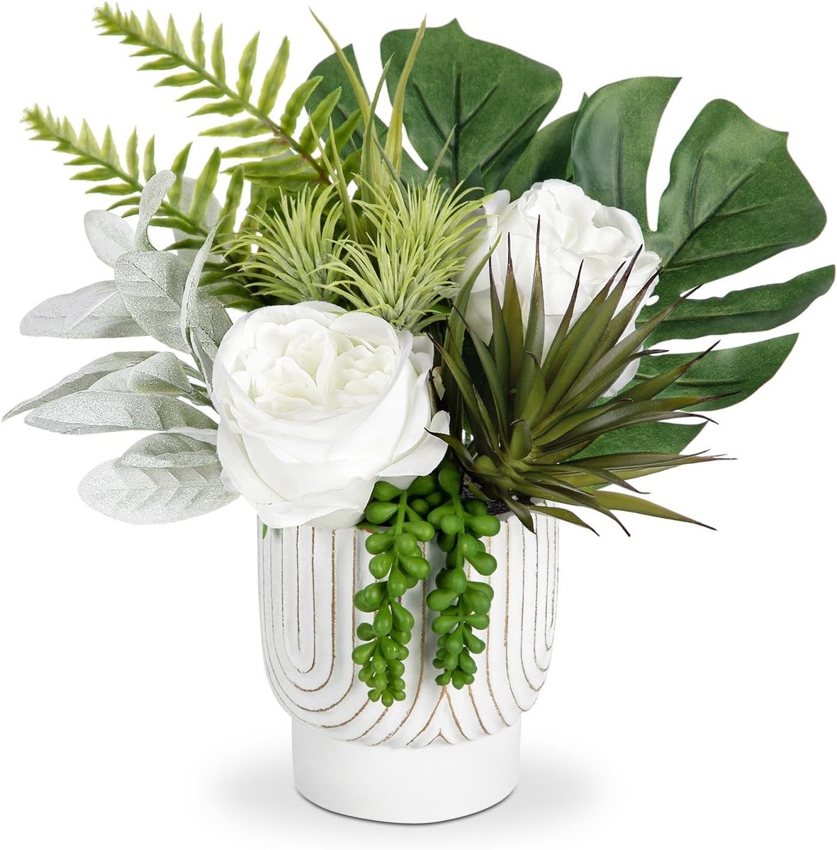 Kunstbloemen in keramische pot 11 inch nep witte rozen met parelsnoer kunstplanten bloemen arrangement binnen voor thuiskantoor keuken badkamer slaapkamer bruiloft decor